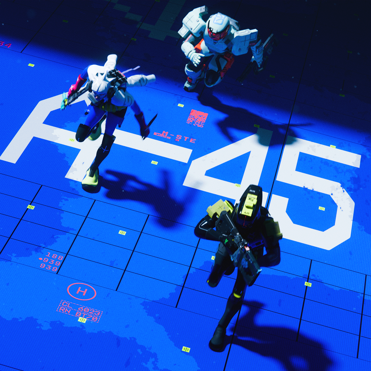 Un plano picado de los corredores Blackbird, Glitch y Locus corriendo sobre una inscripción en el suelo: A-45.